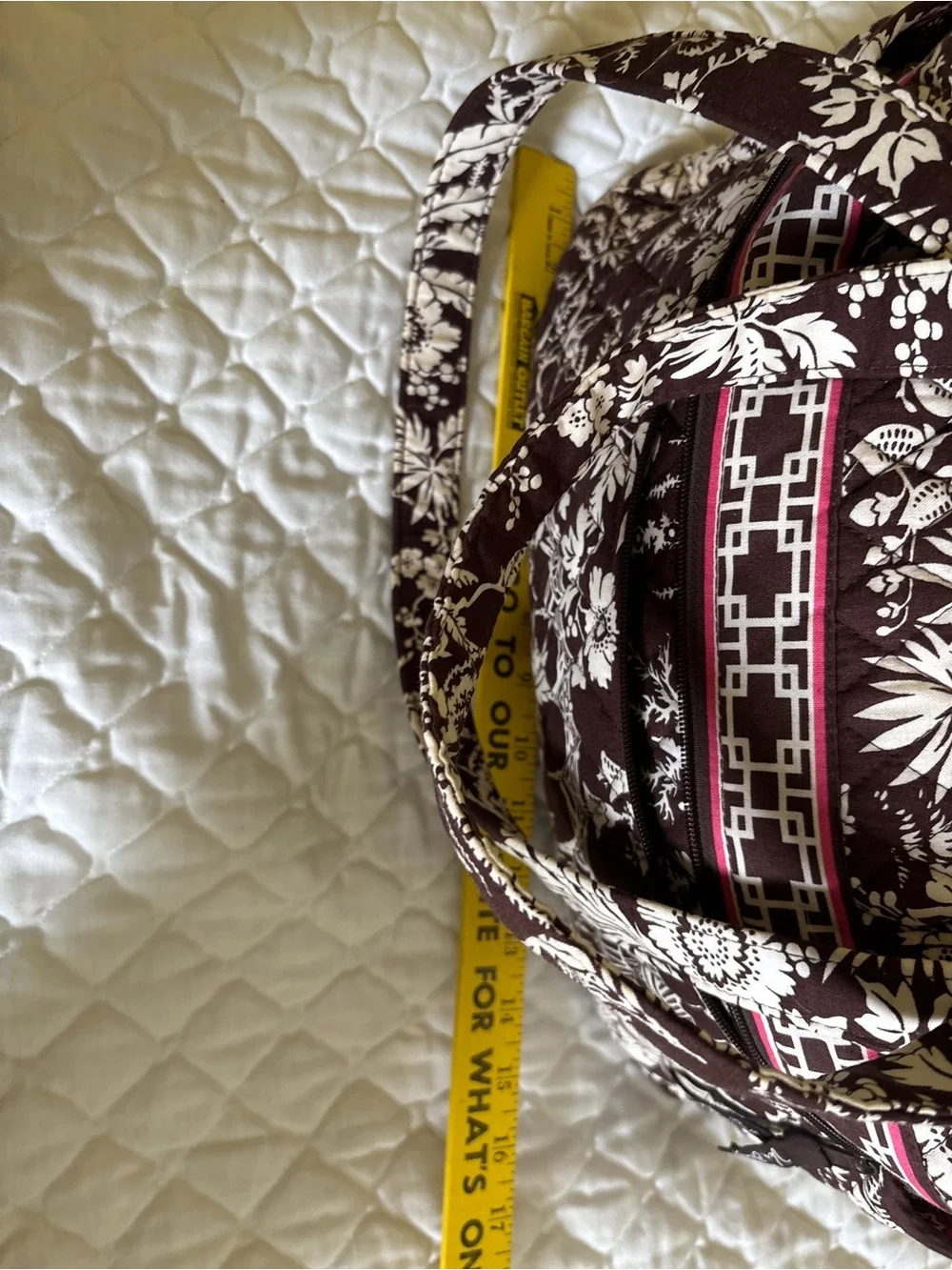 Vera Bradley Brown and Cream Quilted Duffel Diaper Bag with Pink Trim